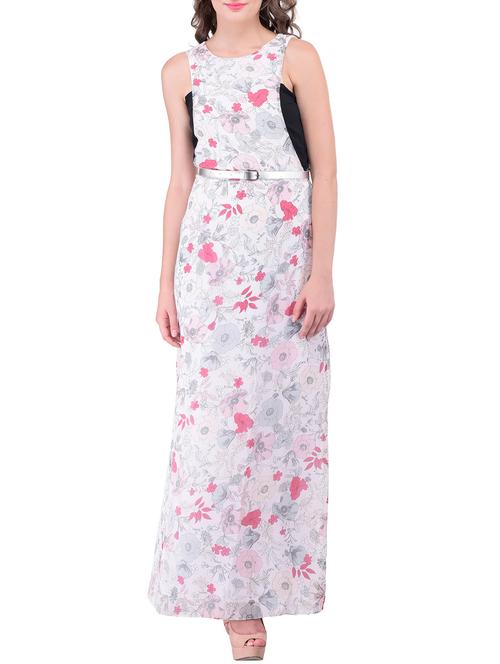 white floral printed georgette maxi dress - 12108133 - Very Small Image - 1