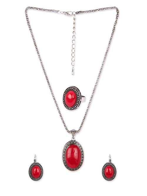 Diva Walk red alloy pendant, earrings and ring - 12109275 - Very Small Image - 1