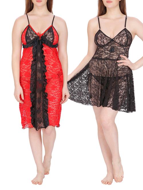 red and black net babydoll (set of 2) - 12110603 - Very Small Image - 1