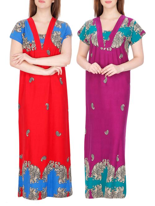 multicoloured printed cotton night dress (set of 2) - 12110647 - Very Small Image - 1