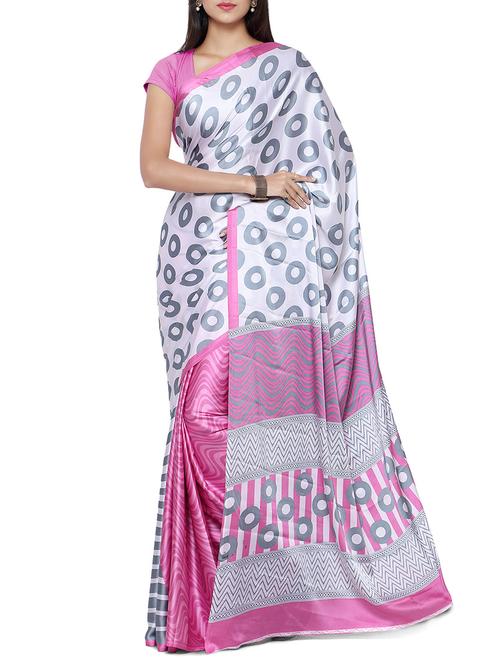 white printed crepe saree with blouse - 12115166 - Very Small Image - 1