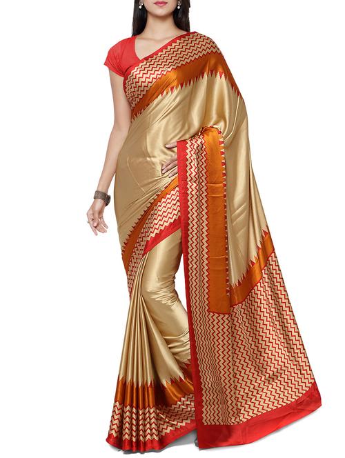 beige printed crepe saree with blouse - 12115169 - Very Small Image - 1