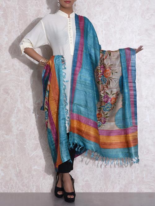 teal tussar silk hand painted dupatta - 1211606 - Very Small Image - 1