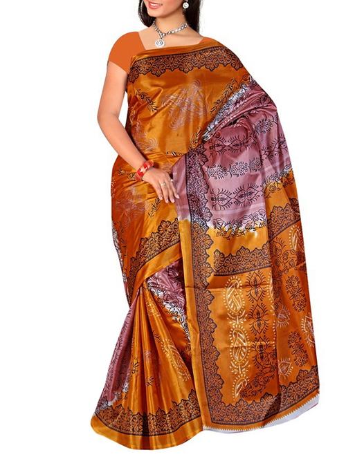 orange silk printed saree with blouse - 12118221 - Very Small Image - 1