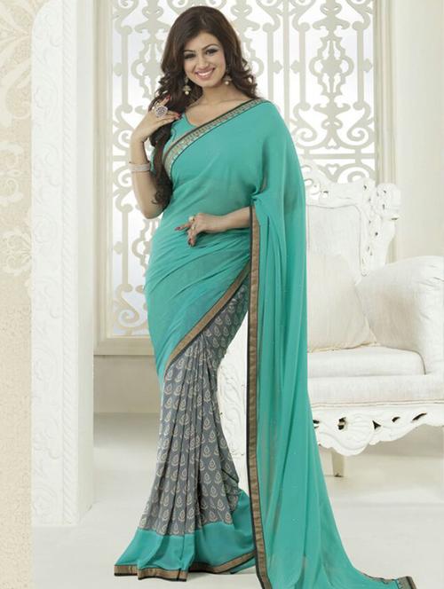 green georgette printed saree with blouse - 12118233 - Very Small Image - 1