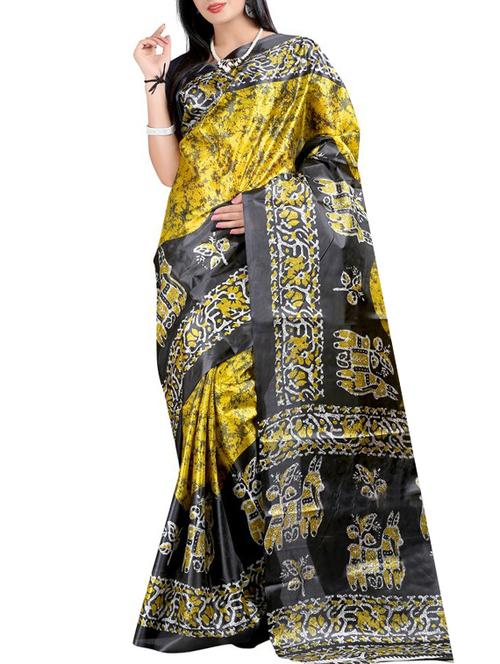 yellow silk printed saree with blouse - 12118288 - Very Small Image - 1