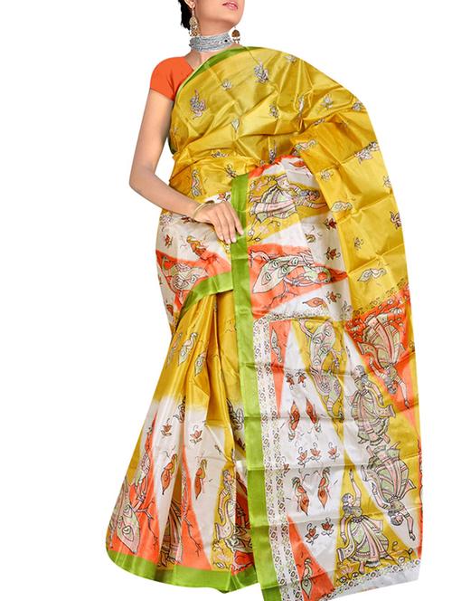 yellow silk printed saree with blouse - 12118308 - Very Small Image - 1