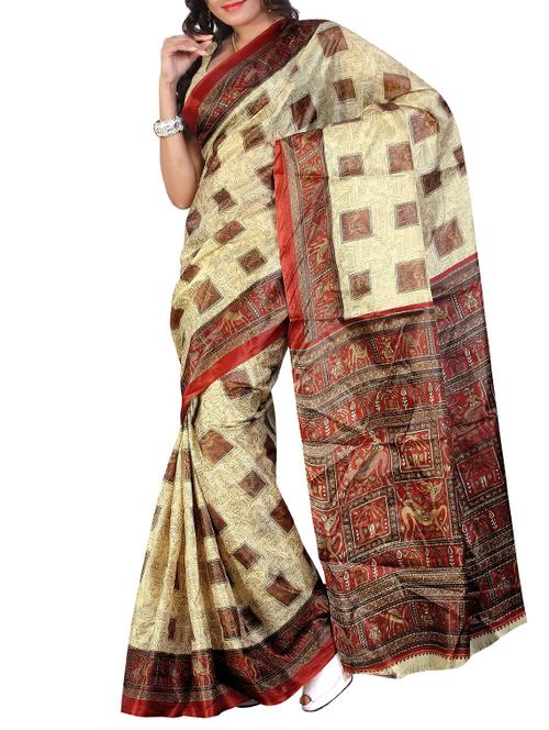 orange silk printed saree with blouse - 12118310 - Very Small Image - 1