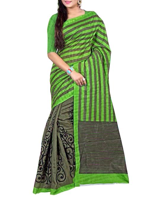 green silk printed saree with blouse - 12118332 - Very Small Image - 1