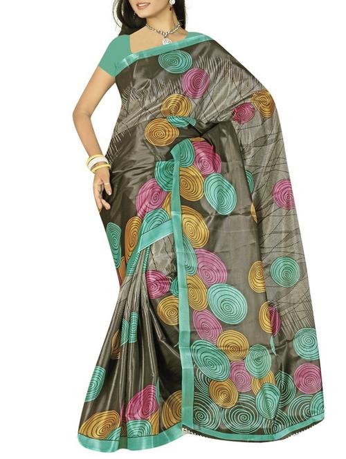 green silk printed saree with blouse - 12118338 - Very Small Image - 1