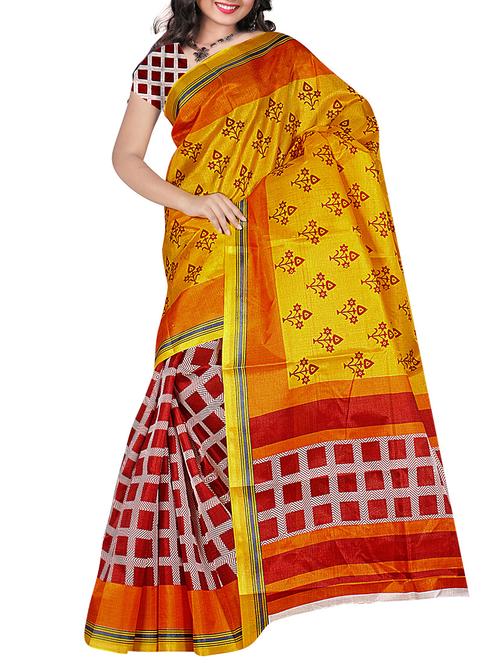yellow silk printed saree with blouse - 12118359 - Very Small Image - 1