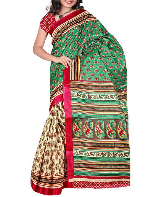 green silk printed saree with blouse - 12118365 - Very Small Image - 1