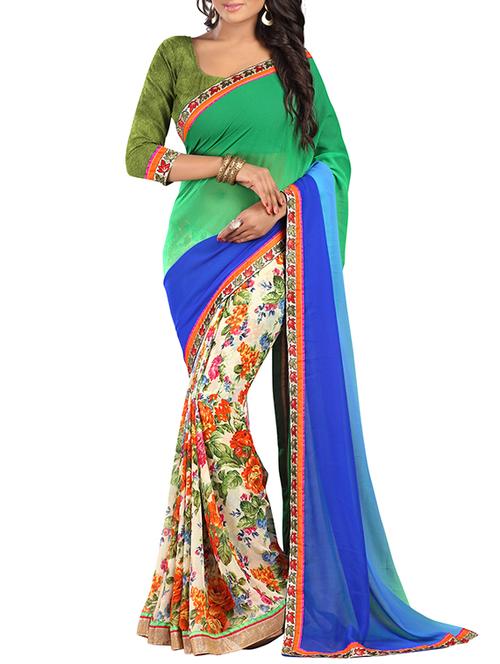 green georgette printed saree with blouse - 12118373 - Very Small Image - 1