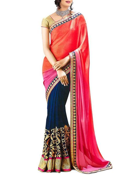 orange georgette printed saree with blouse - 12118395 - Very Small Image - 1