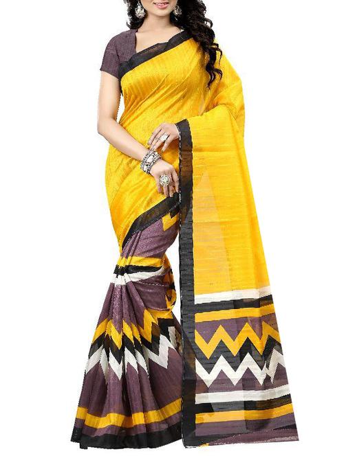 yellow silk printed saree with blouse - 12118402 - Very Small Image - 1