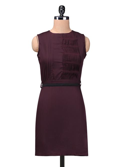 Wine Red Polycrepe Dress with Fabric Belt - 1212041 - Very Small Image - 1