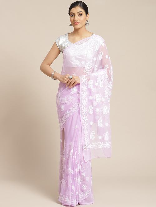 purple faux georgette chikankari saree with blouse - 12128314 - Very Small Image - 1
