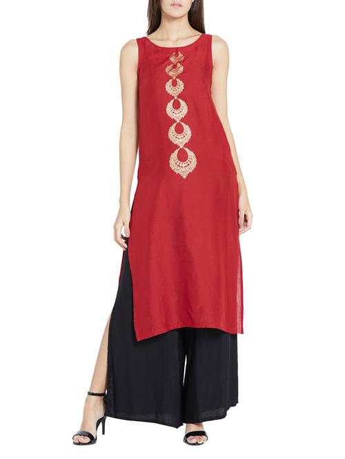 red synthetic aline kurta - 12128384 - Very Small Image - 1