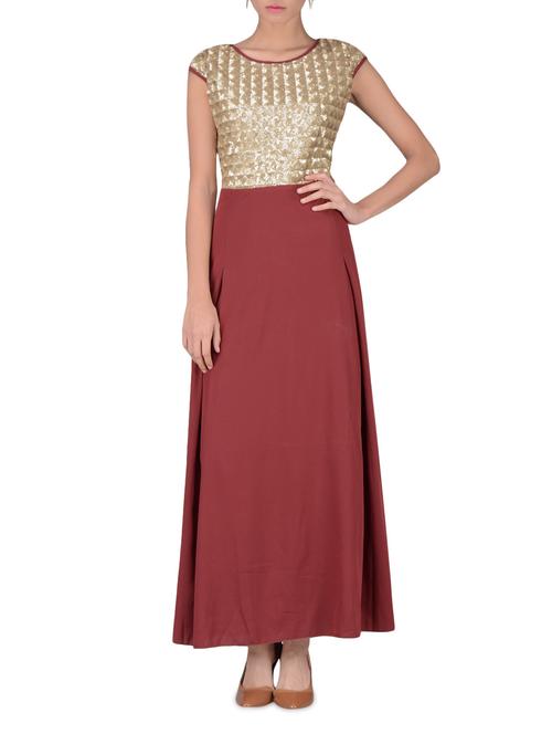 brick red and gold polycrepe sequined maxi dress - 1213046 - Very Small Image - 1