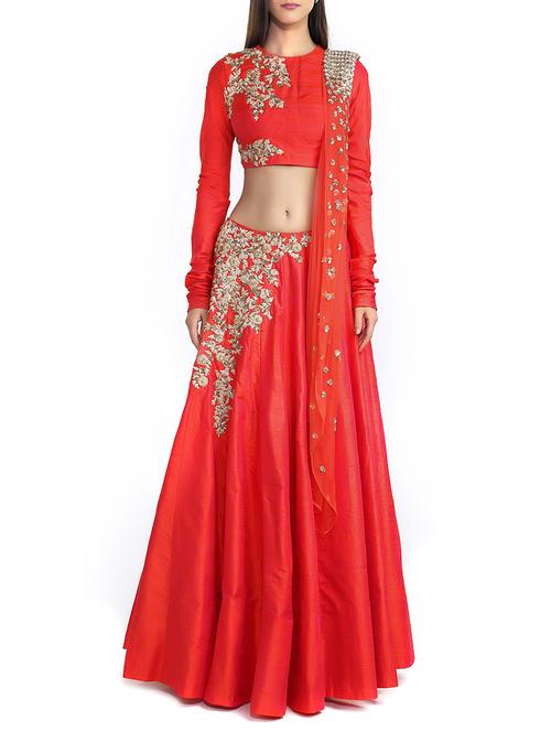 orange silk aline lehenga - 12130743 - Very Small Image - 1