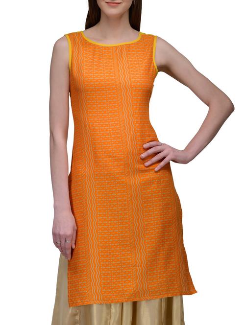 yellow & orange cotton straight kurta - 12132564 - Very Small Image - 1