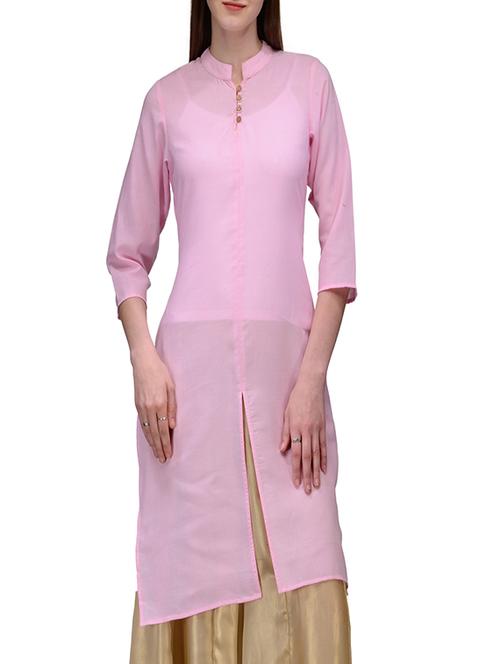 baby pink linen straight kurta - 12132604 - Very Small Image - 1