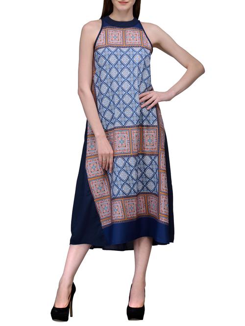 navy blue printed crepe a-line dress - 12132646 - Very Small Image - 1