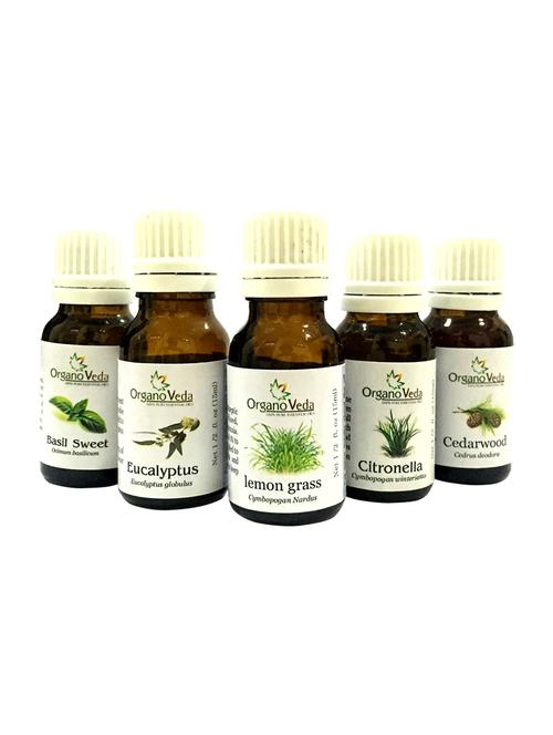 organoveda basil+ eucalyptus+ lemongrass+ citronella+ cedarwood essential oils, excellent mosquito repellent oils (15 ml each) - 12132790 - Very Small Image - 1