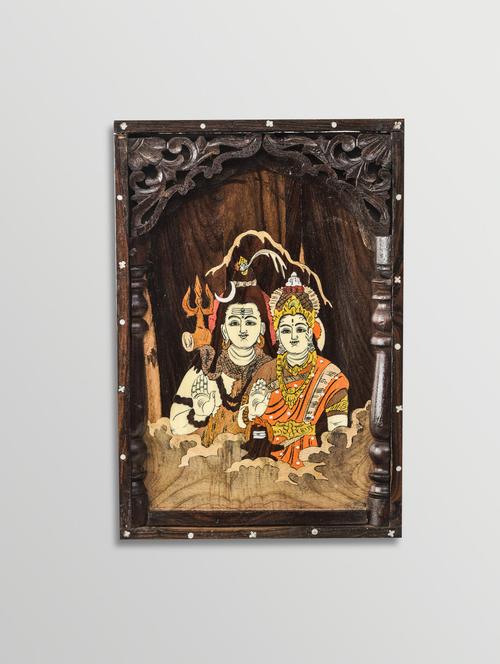 multicoloured wooden shiv-parvathi wall hanging - 1214397 - Very Small Image - 1