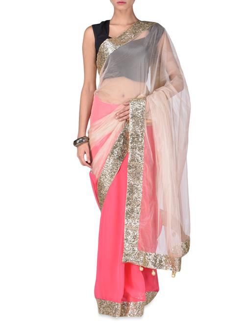 cream and pink sequined saree - 1214463 - Very Small Image - 1