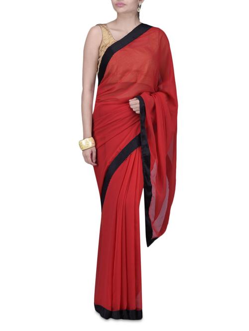 maroon polygeorgette sari with lace trim - 1214590 - Very Small Image - 1
