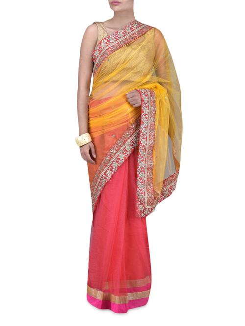 yellow and orange net zardosi embroidered sari - 1214596 - Very Small Image - 1