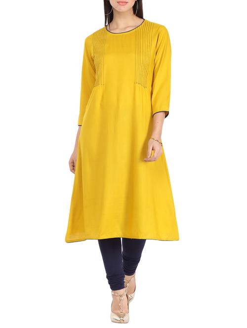 yellow rayon aline kurta - 12149737 - Very Small Image - 1