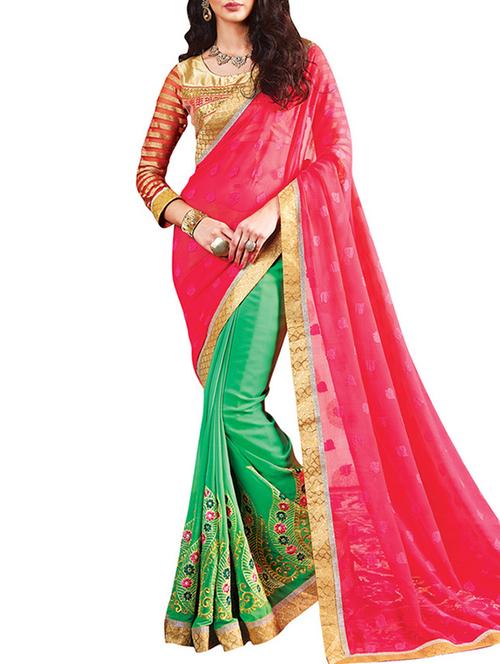 pink georgette half and half saree with blouse - 12154858 - Very Small Image - 1