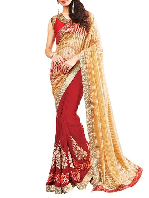 red georgette half and half saree with blouse - 12154864 - Very Small Image - 1