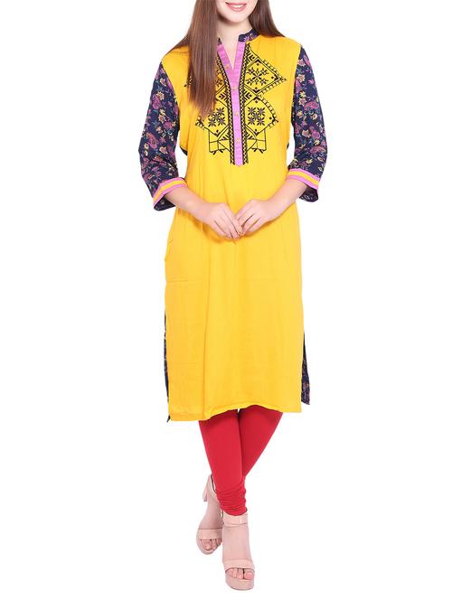 yellow viscose straight kurta - 12157125 - Very Small Image - 1