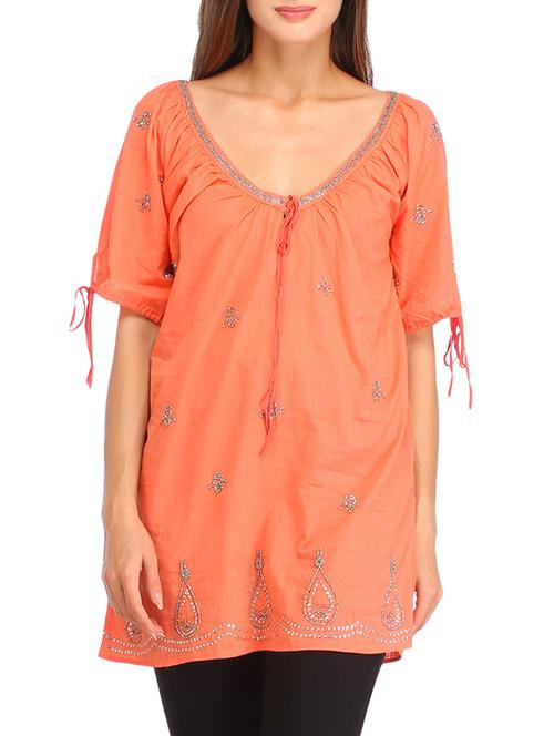 orange cotton embellished tunic - 12158237 - Very Small Image - 1