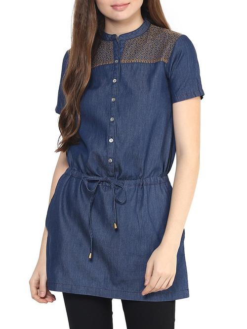 dark blue embroidered denim regular tunic - 12160146 - Very Small Image - 1