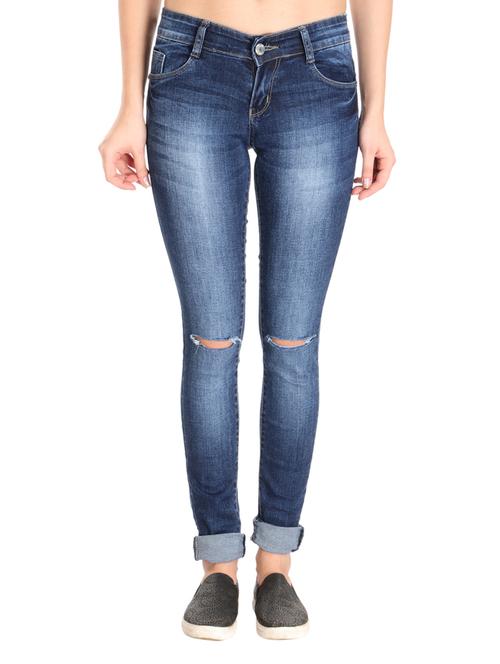 dark blue knee slit denim jeans - 12163202 - Very Small Image - 1