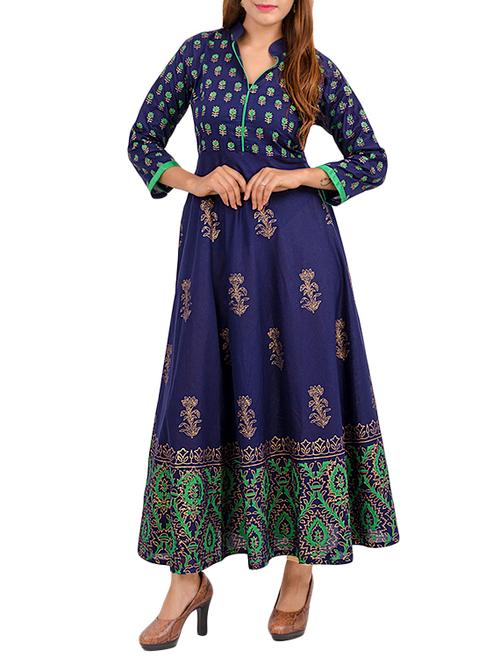 blue cotton printed flared kurta - 12166655 - Very Small Image - 1
