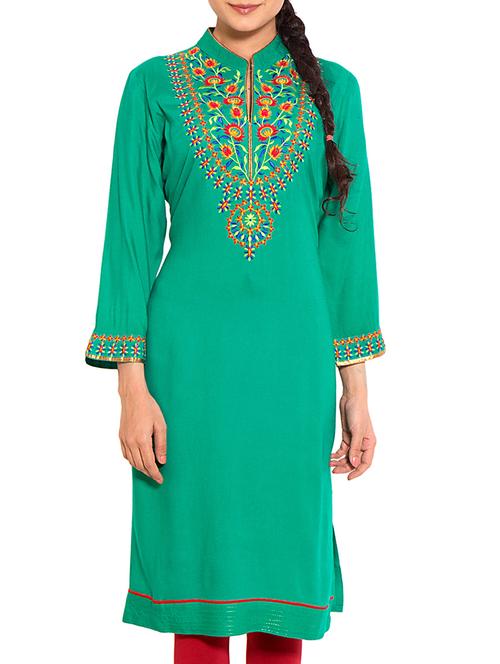green rayon straight kurta - 12176250 - Very Small Image - 1