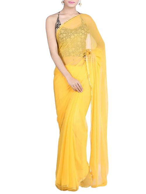 yellow plain saree with blouse - 12183934 - Very Small Image - 1
