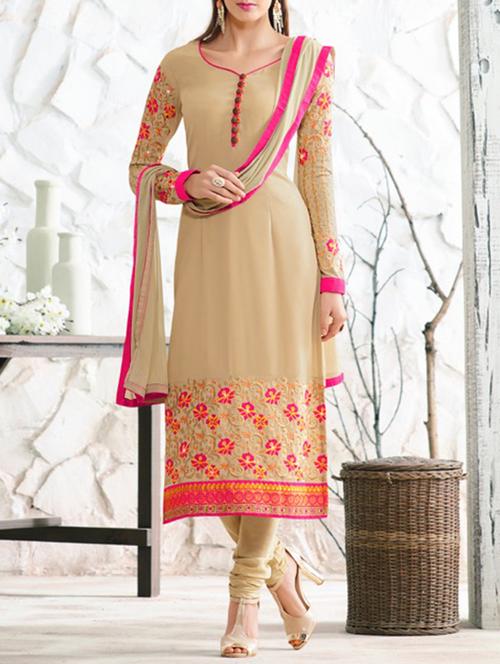 cream georgette semistitched suit - 12196505 - Very Small Image - 1