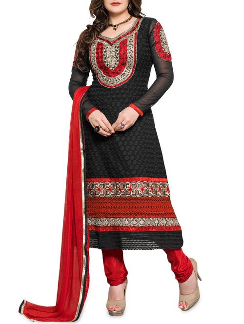 embroidered black semi-stitched suit set - 1220051 - Very Small Image - 1