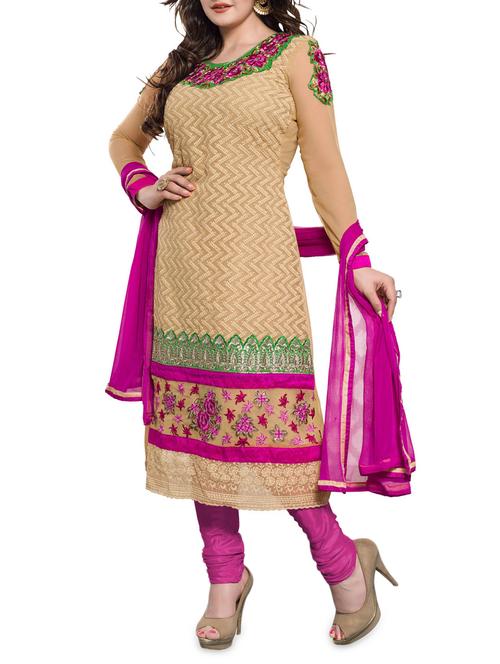 embroidered beige semi-stitched suit set - 1220055 - Very Small Image - 1