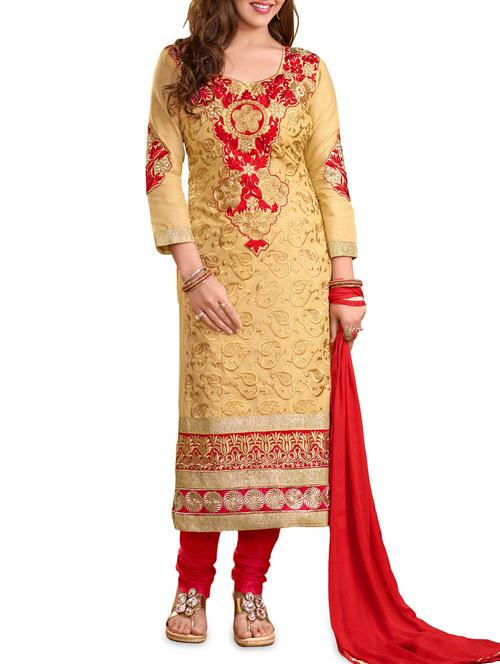 embroidered beige semi-stitched suit set - 1220114 - Very Small Image - 1