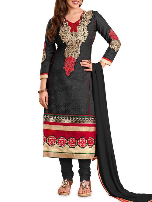 embroidered black semi-stitched suit set - 1220117 - Very Small Image - 1