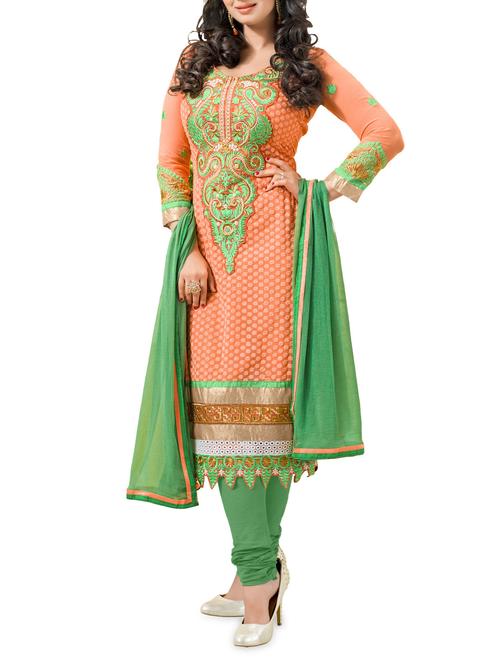 peach and green semi-stitched suit set - 1220121 - Very Small Image - 1