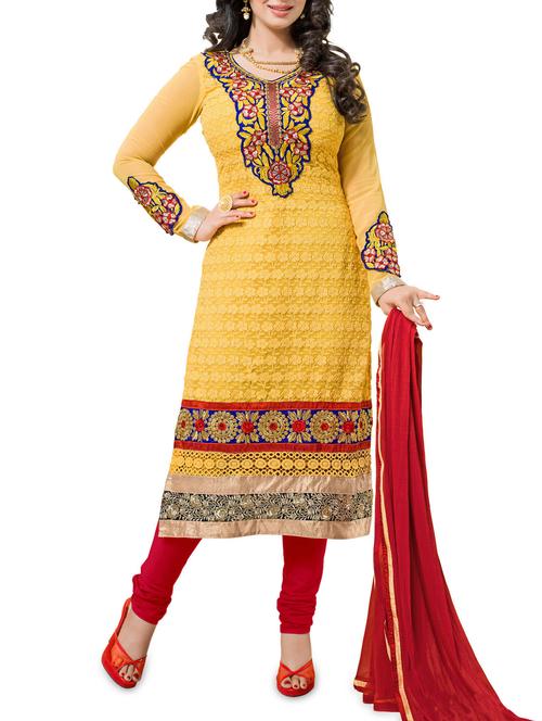 embroidered yellow semi-stitched suit set - 1220123 - Very Small Image - 1