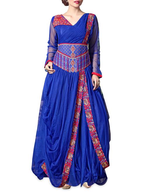 royal blue net semi-stitched gown - 1220134 - Very Small Image - 1